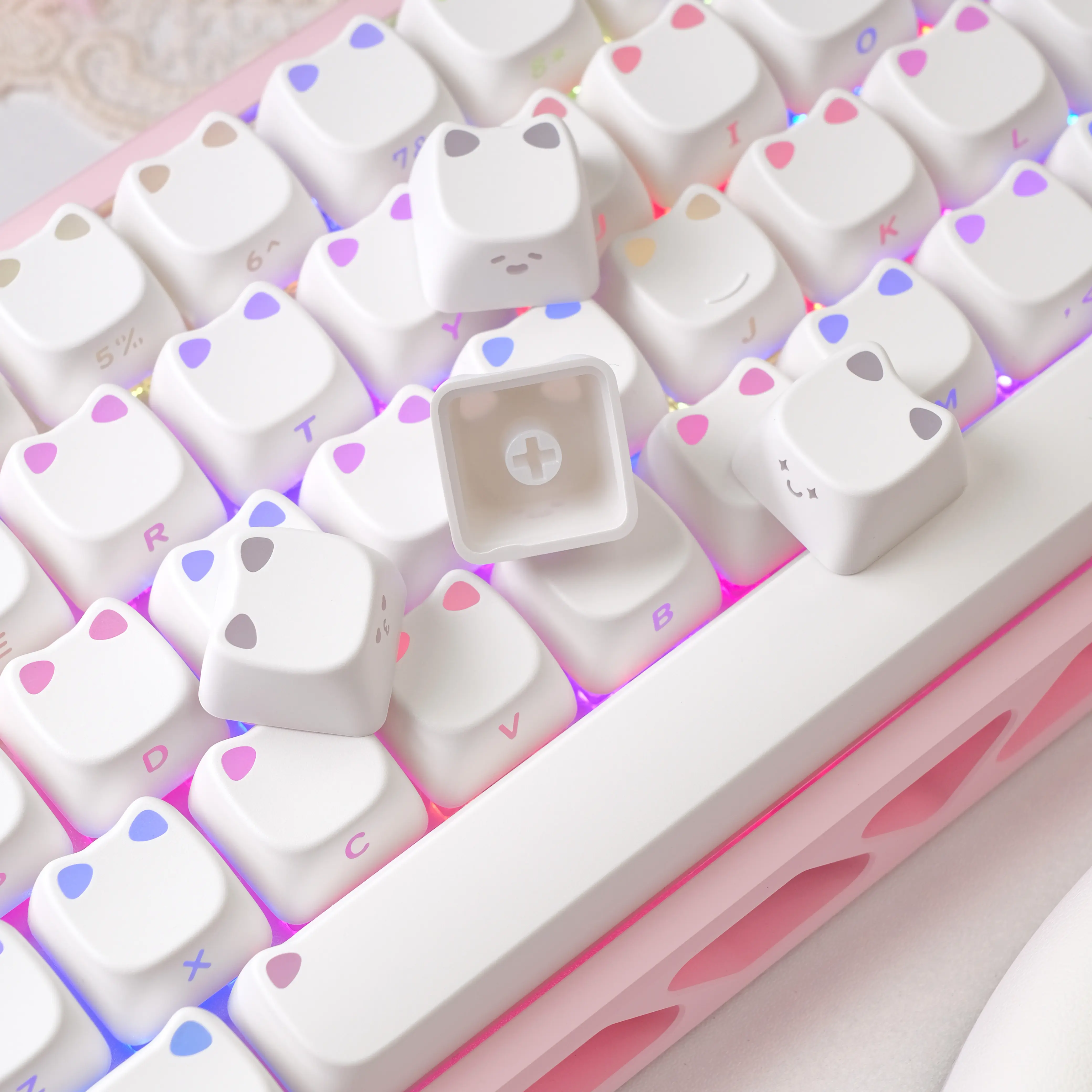 DigAura Lumicat Light-up Ears Keycap Set, 113-Key Creamy White Cat Profile Side-Printed Keycaps (Keyboard Not Included), None