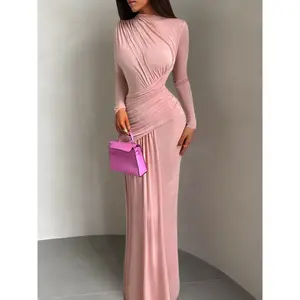 Women's Fashionable Long Sleeve Dress, Autumn Winter New Style, Elegant Solid Color Pleated Round Neck Slim Fit, Ladies' Clothing