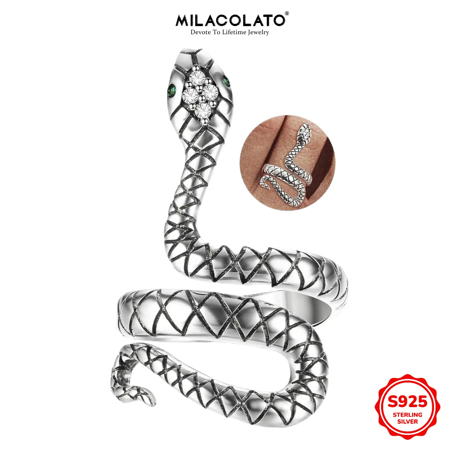 MILACOLATO 925 Sterling Silver Snake Ring for Women Vintage Punk Rings Adjustable Open CZ Animal Snake Finger Ring Fine Jewelry