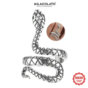 MILACOLATO 925 Sterling Silver Snake Ring for Women Vintage Punk Rings Adjustable Open CZ Animal Snake Finger Ring Fine Jewelry