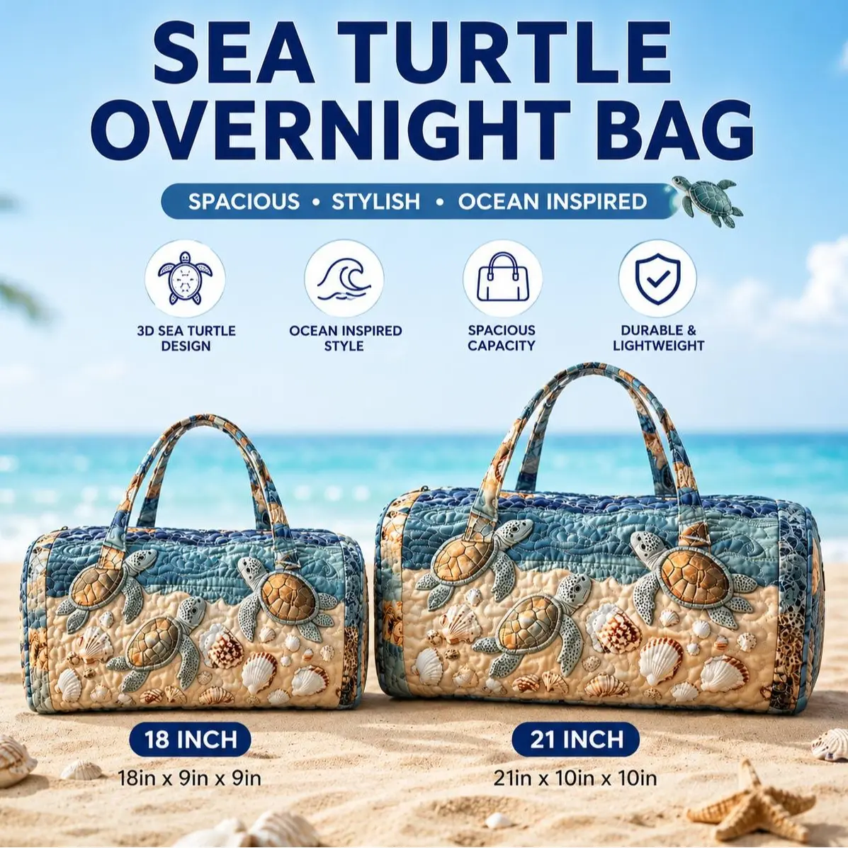 Sea Turtle Quilted Duffel Bag | Large Capacity Travel & Gym Tote