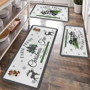 2/3pcs Christmas reindeer, Christmas tree, snowflake patterned carpet floor mat, Merry Christmas kitchen non slip floor mat, suitable for kitchen, entrance door, laundry room, bathroom, living room, Christmas decoration floor mat, Farmhouse Kitchen Rug