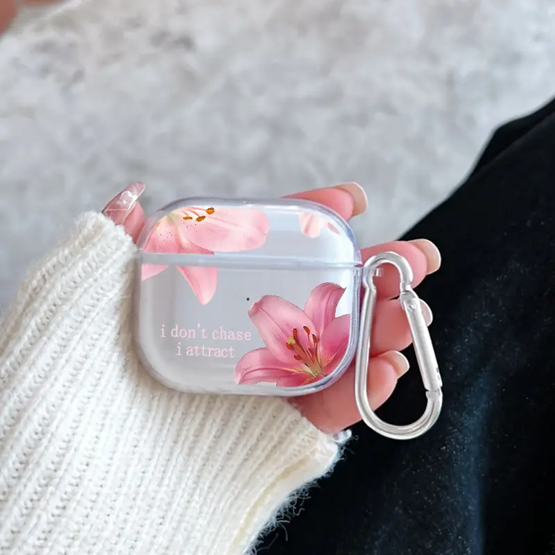 Pink Sakura Lily Pattern TPU Soft Protective Case for Apple AirPods 4/3/2/1/Pro/Pro2 Transparent Earphone Cover with Keychain Attachment