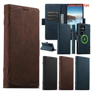 Wireless Charging Flip Case For Samsung Galaxy S22ltra S23Ultra S24Ultra S25Ultra Phone Cover Magnetic Leather Case Cards Holder