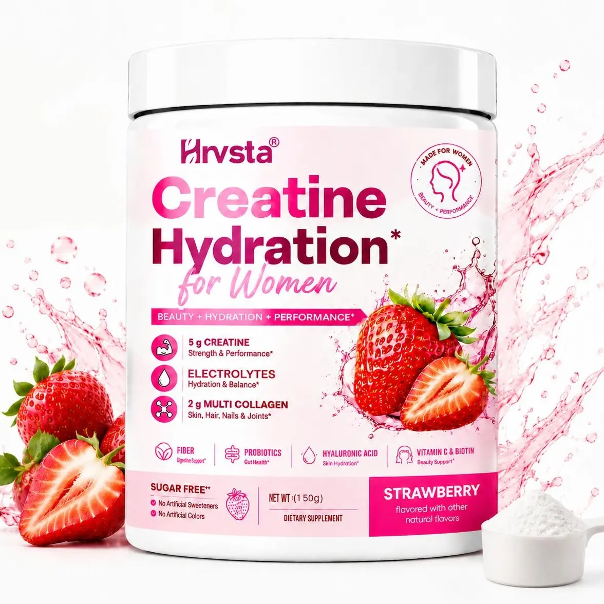 Hydrating Creatine Powder for Women (Strawberry/Peach Flavor) — Contains 5g creatine, 5g electrolytes, and 2g collagen; fortified with dietary fiber, probiotics, hyaluronic acid, Vitamin C, and biotin — Gluten-free, Non-GMO | 30 Servings