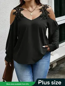 Plus Size Plain Contrast Lace Cold Shoulder Blouse, Plus Elegant Bishop Sleeve Top for Women, Women Plus Clothing for All Seasons, Womenswear