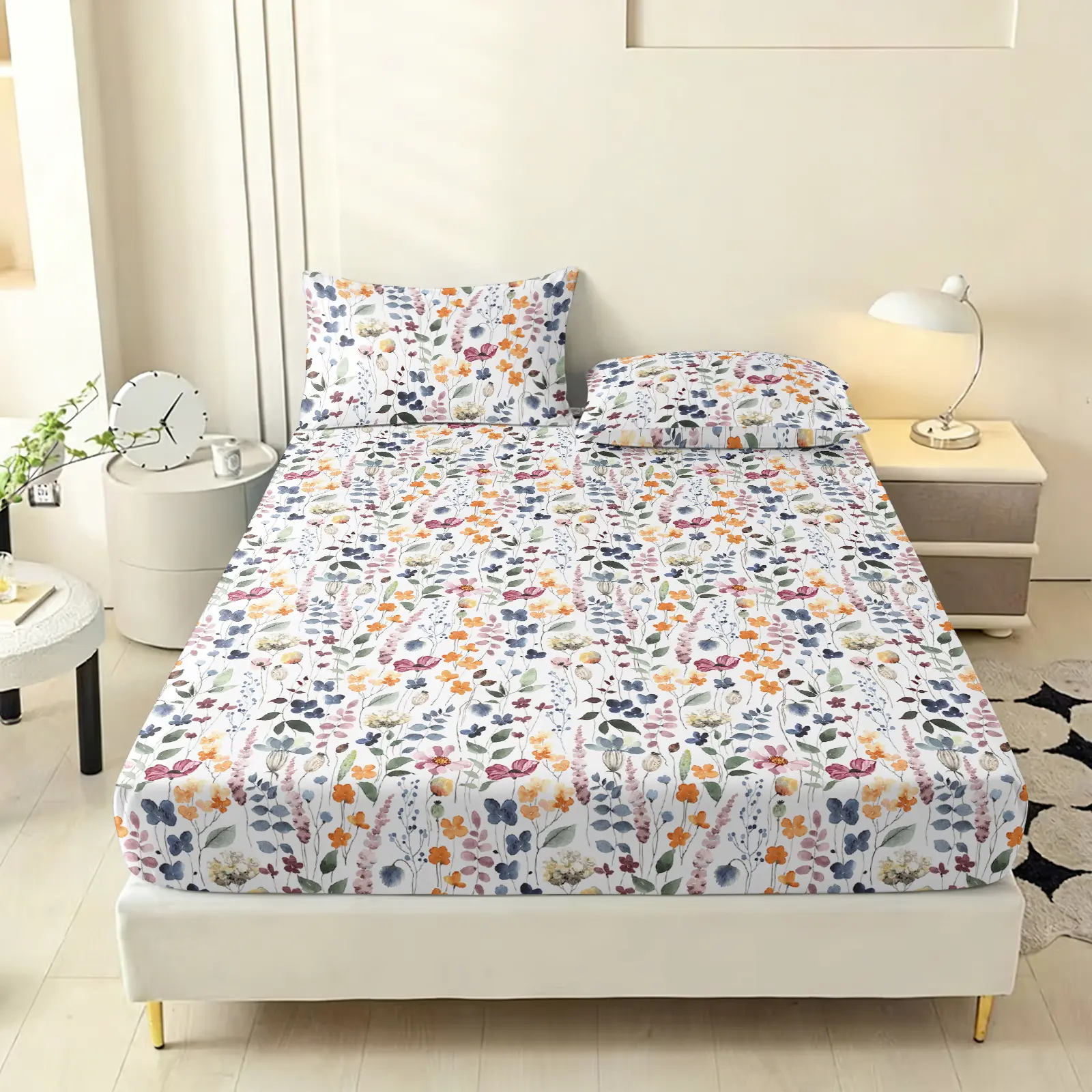 3Pcs Colorful Watercolor Wildflower Fitted Sheet Bedding Set, Multi Floral Leaf Digital Print, Deep Pocket Fit, Ideal for Apartments-Dorms, Cottagecore Look