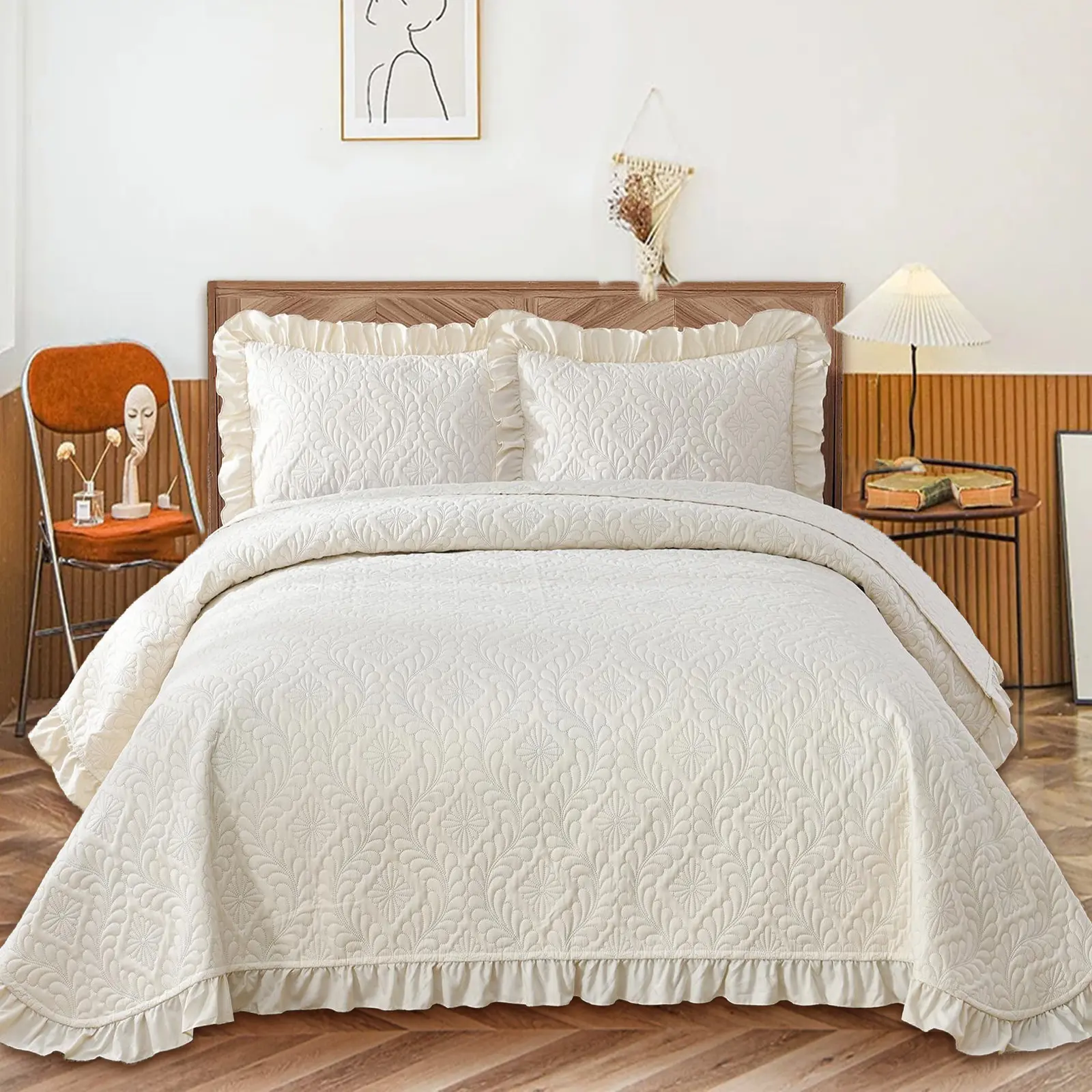 Beige Quilt Set Queen King Size Cream Ruffled Lightweight Soft Bedspread Coverlet, Basket Weave Quilted Blanket Thin Quilt Bed Cover for All Season - 3 Piece (1 Quilt, 2 Pillow Shams) Modern Bedding Set Decorative Bedding Set