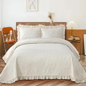 Beige Quilt Set Queen King Size Cream Ruffled Lightweight Soft Bedspread Coverlet, Basket Weave Quilted Blanket Thin Quilt Bed Cover for All Season - 3 Piece (1 Quilt, 2 Pillow Shams)