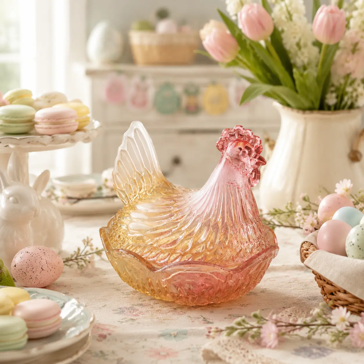 Smooth Retro Amber Yellow-White Gradient Translucent Glass Hen Jar with Lid - Glass Jars for Casual Home Organizing, Dining Table Decoration, Chicken Feed Storage, Wedding