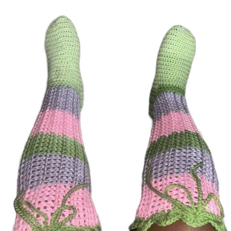 Knee High Crochet Footies - Pink and Green Striped with Leaf Accents for Cozy Comfort