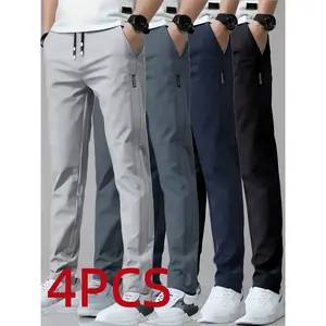 Men's Summer Ice Silk Fiber Pants Set of 4 - Breathable Moisture-Wicking Straight-Leg Pants with Elastic Waistband and Pockets, Casual Sports Outdoor Trousers Black Gray Navy Blue, Durable Breathable Fabric Athletic Wear