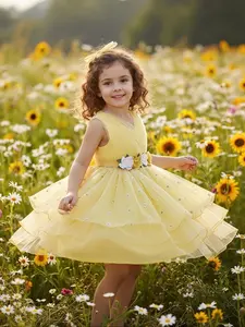 Girl's Appliques Bow Back Tiered Layer Tulle Party Dress, Elegant Sleeveless Fit & Flare Dress for Party Performance Wedding Guest, Kids Clothes for All Seasons