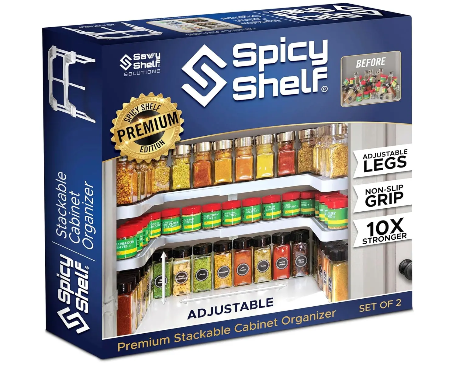 Spicy Shelf Premium 2-Tiered Expandable Adjustable Square Plastic Storage Organizer - Durable, Multifunctional Home Accessory for Cabinet Organization (Fits Spices, Pills, Supplements; BOX COLOR MAY VARY)