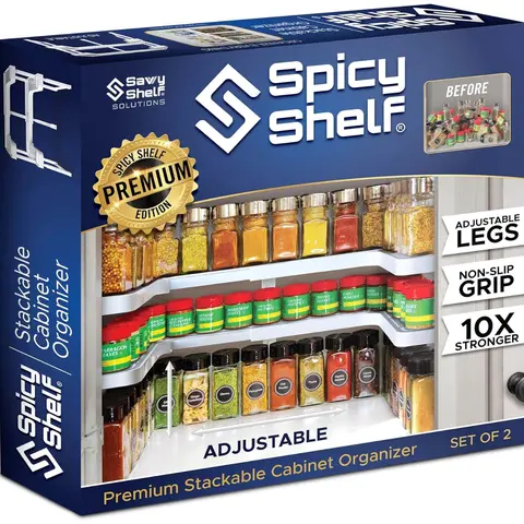 Spicy Shelf Premium 2-Layer Expandable Adjustable Square Plastic Storage Organizer Racks - 10x Stronger, Durable, Multifunctional Home Goods for Cabinet Storage Organization (Fits Spices, Pills; BOX COLOR MAY VARY)