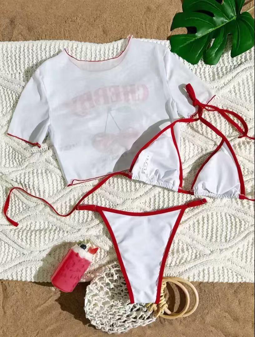 Women's Cherry Print Three-Piece Swimsuit, Cute Triangle Bikini Set with Cover-Up & Adjustable Straps, Stylish Wear for Beach, Pool & Resort women