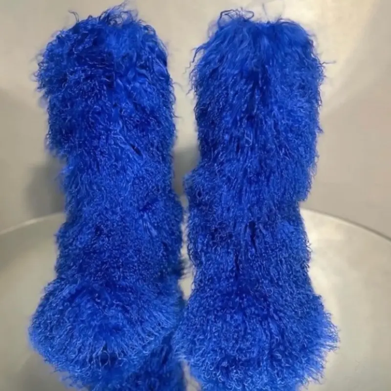 Women's Blue Shaggy Genuine Furry Knee-boots for Winter - 19.5 Inch Tall Plush Thick Lining Cozy & Stylish Walking Shoes. Footwear sizes 7.5,8,8.5,9.5,10.  Ships in 1-3 days. Message if have questions.