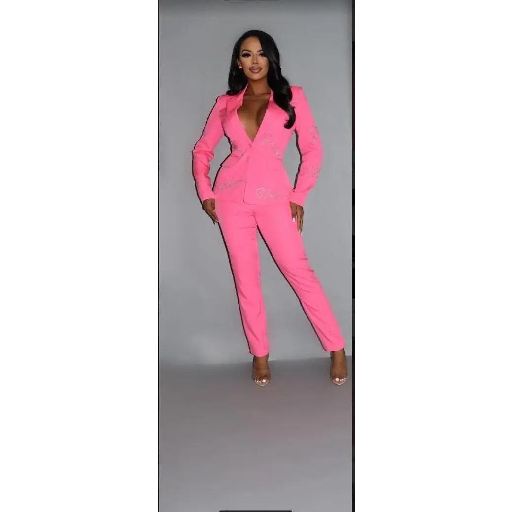 2 Piece Powersuit Blazer & Pants Set With Rhinestone Letterings On Blazer Pink Polyester Womenswear