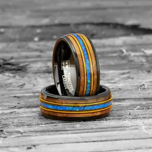 Men's Black Tungsten Ring Wedding Band Whiskey Barrel Crushed Opal Gold Guitar String Inlaid 8MM Comfort-Fit