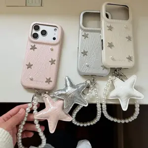 Luxury Metal Stars Pearl Leather Phone Case For iPhone 17 Pro 16 15 14 Pro Max Cover with Pendant Chain Cute Cases For Apple 17