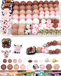 112PCS Focal Silicone Beads for Keychain Making, Round, Lentil, Hexagonal, Print, 10mm Rondelle Spacers Beads for Bracelet, Pens, Necklace Crafts(Pink Brown)