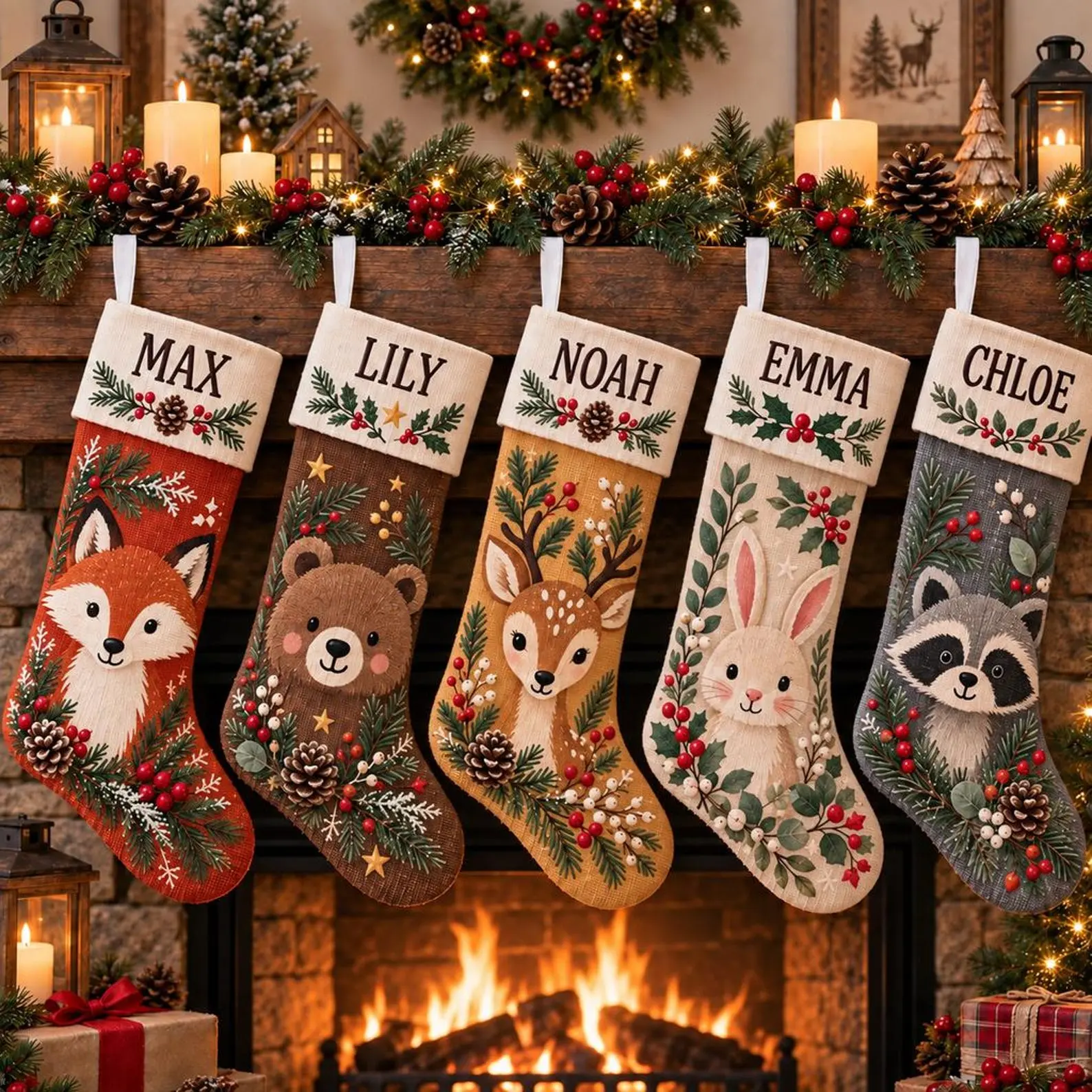 Personalized Christmas Stockings, Custom Name Woodland Animals Christmas Stocking, Cute Forest Creatures Christmas Stocking for Family