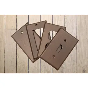 Walnut Texture powder coated Toggle, Rocker, Duplex, and Blank standard size metal switch plates.  Dark brown outlet cover