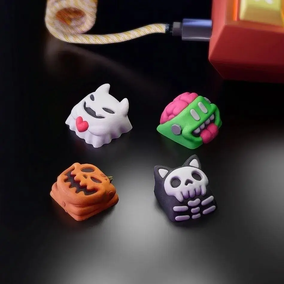 Halloween Themed 3D Stereo Cute Cartoon Keycaps, Creative and Personalized Colorful Mechanical Keyboard Keycaps - Skeleton Cat, Pumpkin Head, Ghost, Green Monster, Universal for Mechanical Keyboards