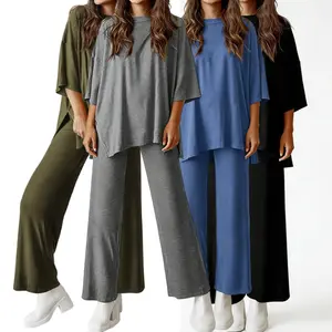 VVZ Women's Oversized Two Piece Set Casual Loose T Shirt and Wide Leg Pants Lounge Outfit