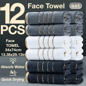 12-Piece Ultra-Soft Luxury Striped Gold Thread Coral Fleece Towel Set, Quick-Dry Absorbent Bathroom Towels, Face Towels, Perfect for Home Hotel Spa Use