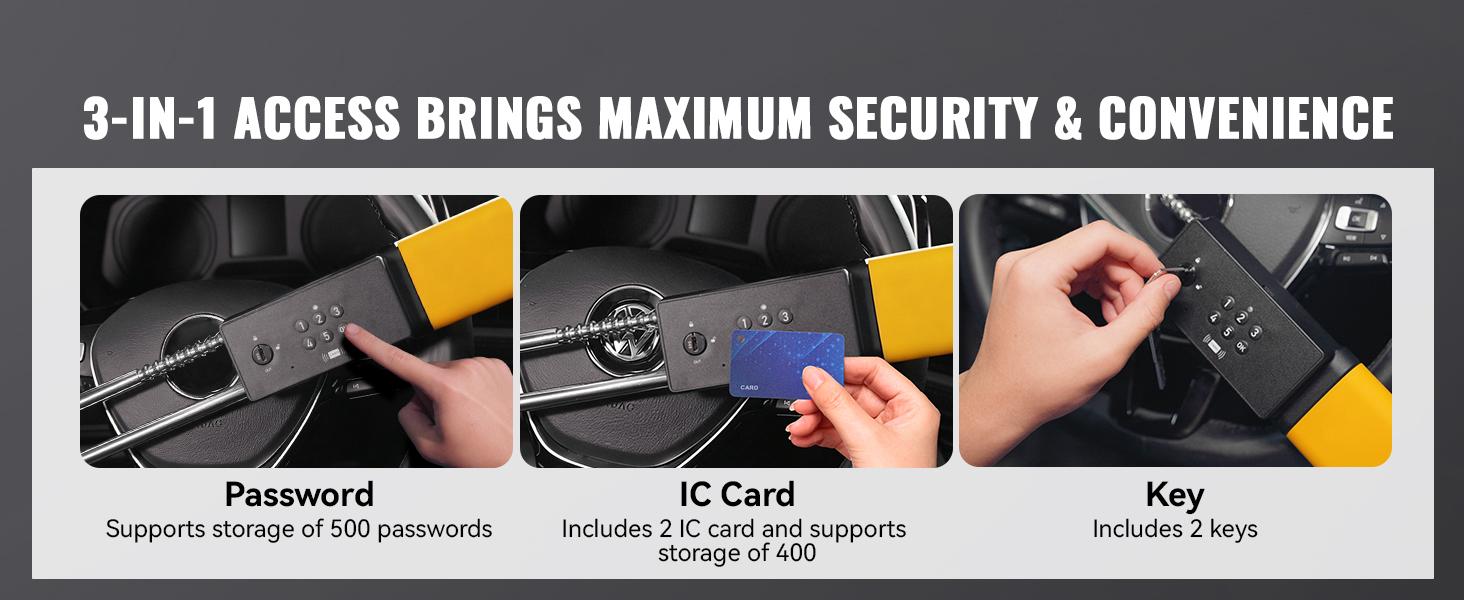 Porbi AI Steering Wheel Lock with Password + IC Card + Keys Unlocking, Heavy-duty Car Anti-theft Device with Incorrect Entry Alarm & Anti-Tamper Alarm, Fits 8.9–16" Truck Van SUV Car Wheels, Yellow