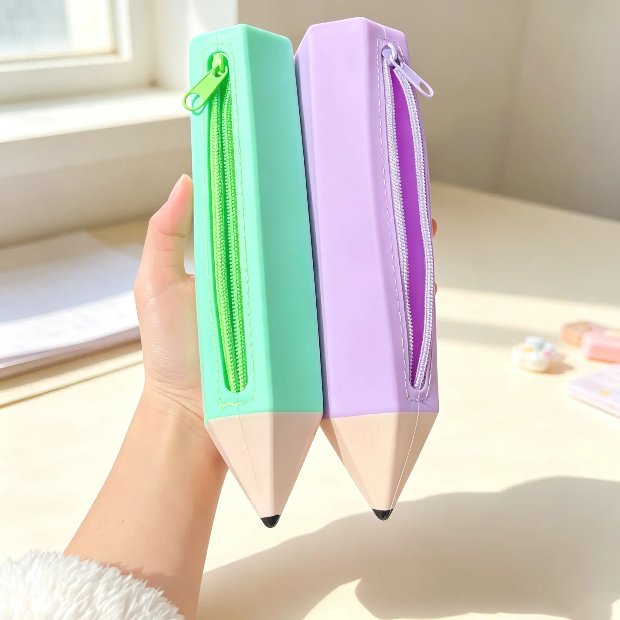 Creative pencil-shaped large-capacity stationery storage bag for primary and secondary school students, zippered silicone pencil case