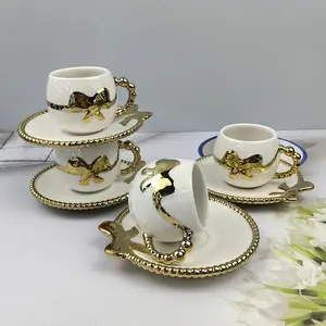 Elegant Ceramic Coffee Cup and Saucer Set, Round Plate with Bow Design, Perfect for Espresso Tea Afternoon Tea, Home Party Gift, Matcha Latte Cups