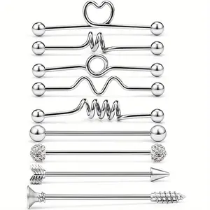 9pcs/Set New Fashion Retro Piercing Set Human Piercing Industrial Barbell Earrings Long Rod Earrings Industrial Bridge Jewelry for Men Women Gifts