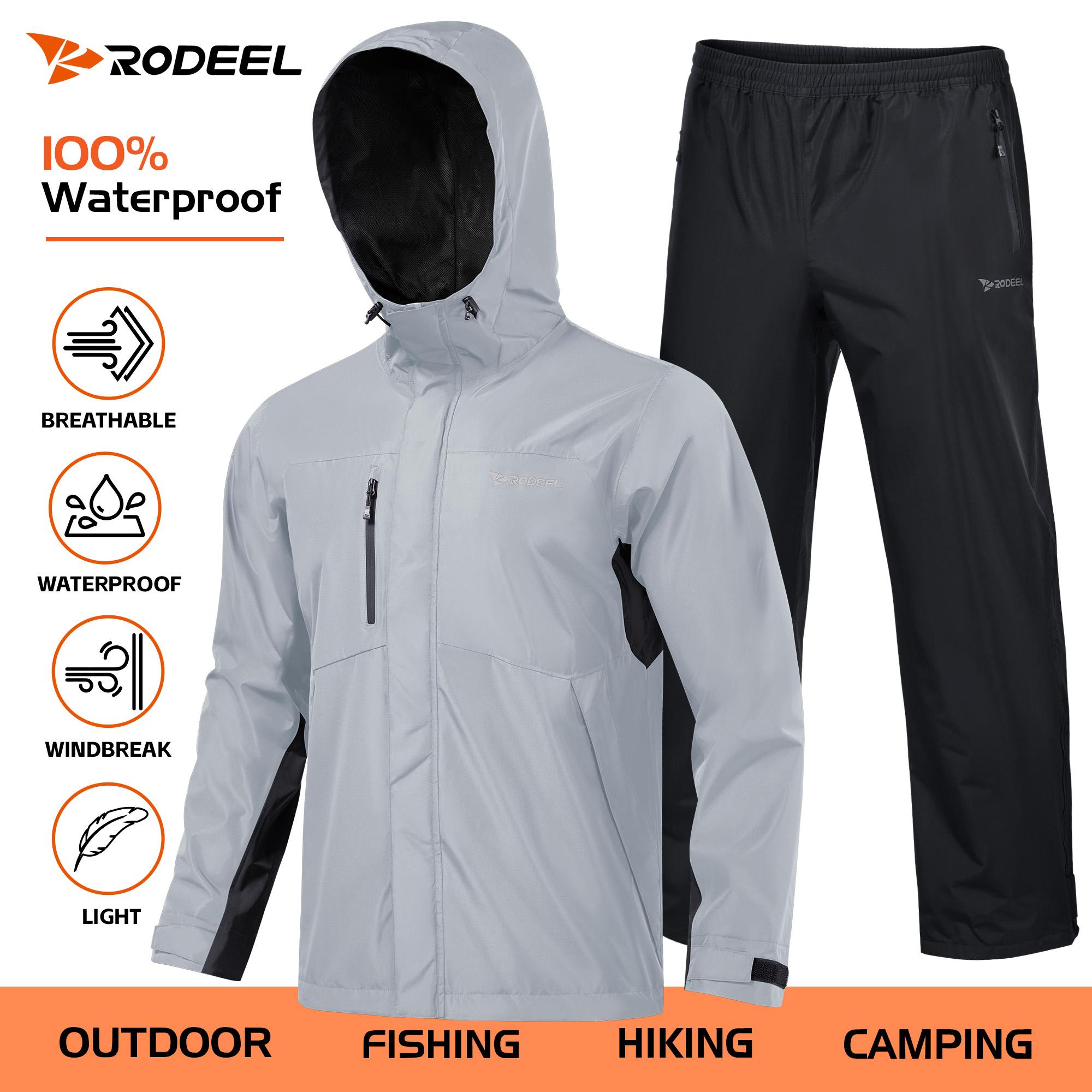 RODEEL 719 Men’s Waterproof Jacket and Pants Set Rainproof Lightweight Breathable Full Zip Hooded Rain Coat Durable Weatherproof Rain Suit Windbreaker Workwear for Walking Hiking Camping Fishing Boating Construction Roofing Landscaping