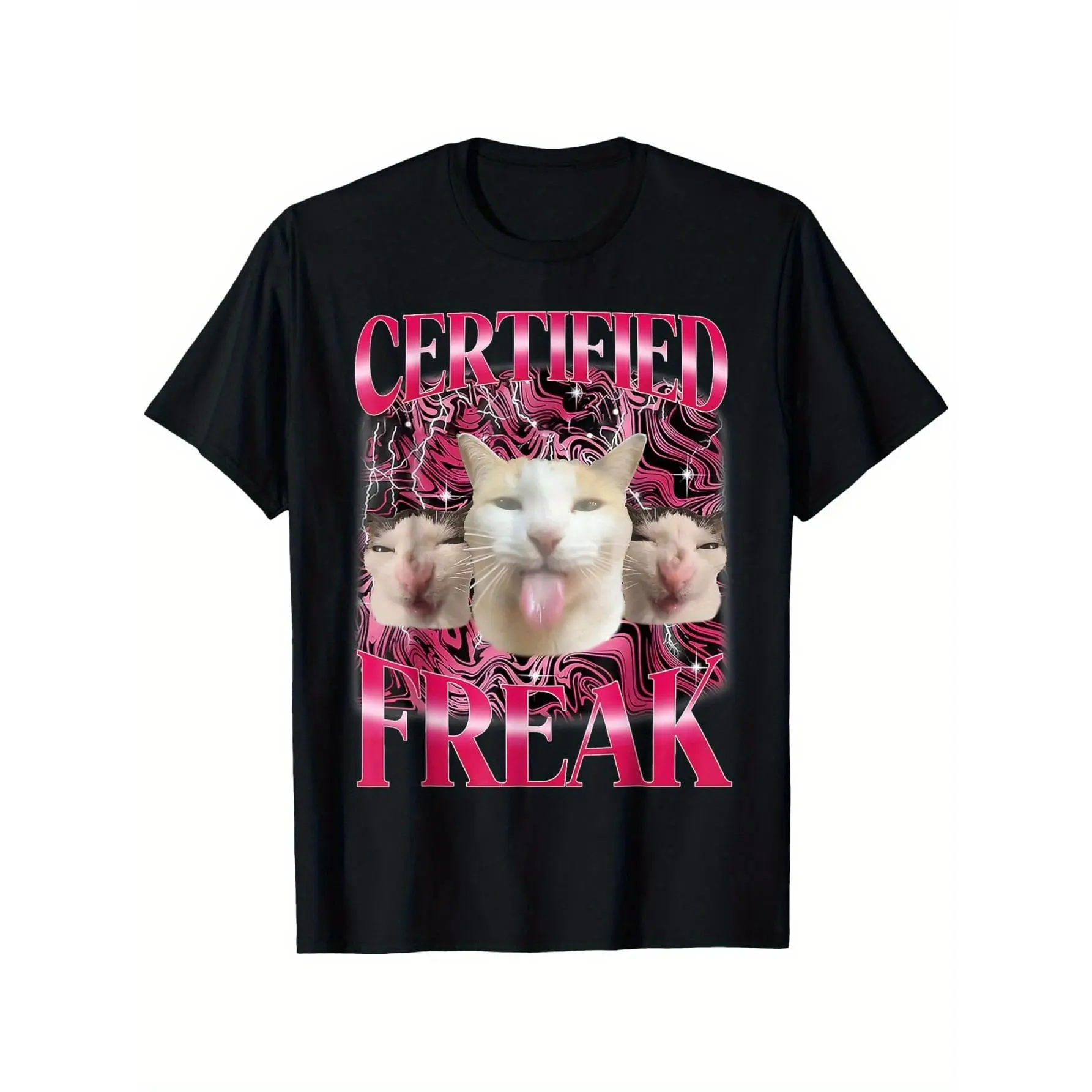 Men's Certified Freak Funny Cat Meme Tshirt - Black 180g Cotton, Classic Relaxed Fit, Breathable Shortsleeve, Vivid Pink Graphic, Machine Washable, Durable Casual Wear for Teens & Adults
