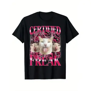 Certified Freak Funny Cat Meme T-Shirt - Black Cotton T-Shirt with Vivid Pink Graphic Design, Regular Fit, Short Sleeves, Machine Washable, Casual Wear for Teens & Adults, Durable Casual 180g