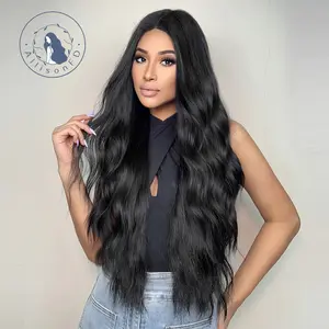 INSTYLE 28 Inch Long Natural Black Wavy Wig Middle Part Natural Hairline Heat Resistant Wigs for Women Daily Use