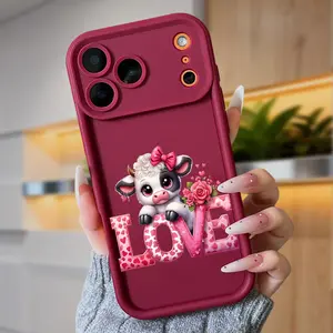Cute Cow Love Case for iPhone 17 Air 16 16e 15 14 13 12 11 Pro Max Plus X XS Shockproof Non Slip Military-Grade Protection Silicone Cover Cellphone Protective