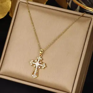 LisiZen Vintage Punk Cross Necklace for Women, Zircon Pendant, Chic European Style Titanium Steel Jewelry DZXL3702