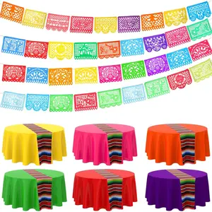 Oudain 10 Pcs Mexican Plastic Round Tablecloth Mexican Party Banners Set 84'' Disposable Serape Stripe Table Cloth Colorful Papel Picado Banner for Fiesta Theme Party Decoration Cinco De Mayo Carnival