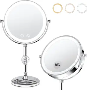 Lighted Makeup Mirror, Brightness Adjustable, 4000 mAh Rechargeable Double Sided Magnifying Mirror 1x/10x, 360° Rotation Vanity Mirror, Memory Function, Women Gift