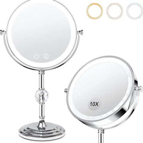 Ascher Lighted Vanity Mirror for Room Decor, 4000 mAh Rechargeable Double-Sided 1x/10x Magnifying Mirror, Brightness-Adjustable, 360° Rotation, Handheld & Standing, Memory Function, Up to 12h Use for Travel-Ready Beauty, Women's Back to School Gift