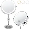 Ascher Lighted Vanity Mirror for Room Decor, 4000 mAh Rechargeable Double-Sided 1x/10x Magnifying Mirror, Brightness-Adjustable, 360° Rotation, Handheld & Standing, Memory Function, Up to 12h Use for Travel-Ready Beauty, Women's Back to School Gift