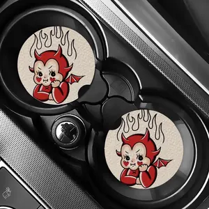 Tattoo Traditional Style Car Coaster Interior Car Decor Set of 2 with Cute Devil Design Durable Long Lasting Material Easy to Clean