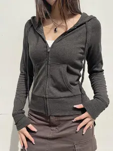 Women's Solid Drawstring Pocket Zip Up Hoodie Jacket, Casual Basic Raglan Sleeve Long Sleeve Hooded Jacket for Fall, Women's Clothing for Daily Wear, Womenswear