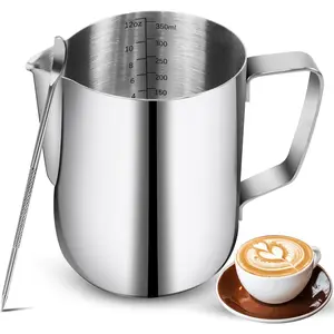 Milk Frothing Pitchers-12oz/350ML Stainless Steel Steaming Pitchers, Scale Coffee/Milk/Cappuccino/Latte Art Barista Steam Pitchers, Milk Jug Cup with Decorating Pen-