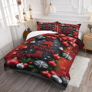 Christmas Comforter Set, Merry Christmas Print Bedding Set, Cozy and Soft Quilted Comforter, Perfect for Holiday Decor, Transform Your Bedroom into a Winter Wonderland with Red and Silver Ornaments, with 1 or 2 Pillowcase No Pillow Core