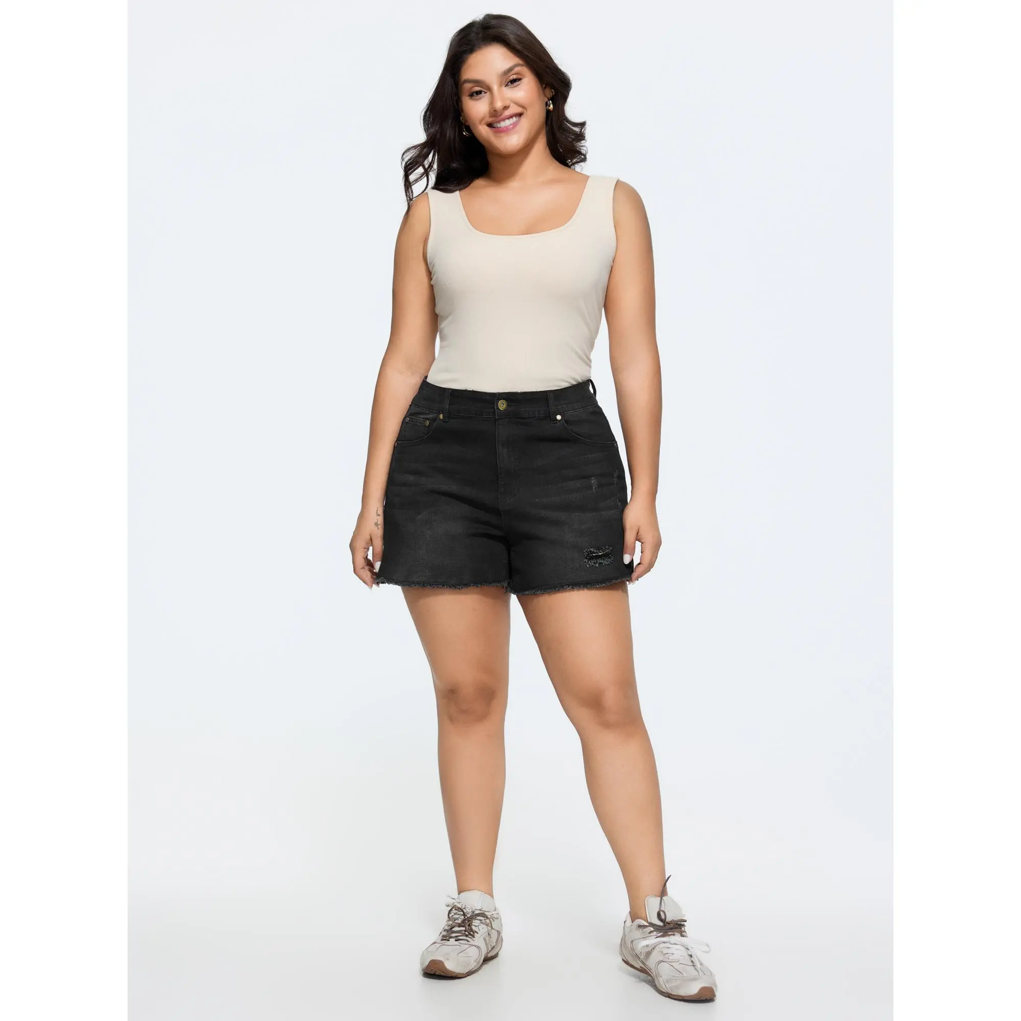 BloomChic Women's Plus Size Denim Shorts, Solid Black Casual Stretch Spandex Fabric with a No-Gap Waistband and 5-Pocket Design, Cotton, Garment, Lady, Jeans, Bottoms, Button, Fit, Stretch For Bends, Multi-Size, Fivepocket Carry, Low Iron, Black Shorts