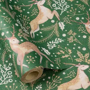 Christmas Wrapping Paper Roll for Women Men, Mini Roll, Green Reindeer and Botanical Foliage Design, Elegant   Wrap Paper for Christmas, Holiday, Winter Party, 17 Inches x 16.4